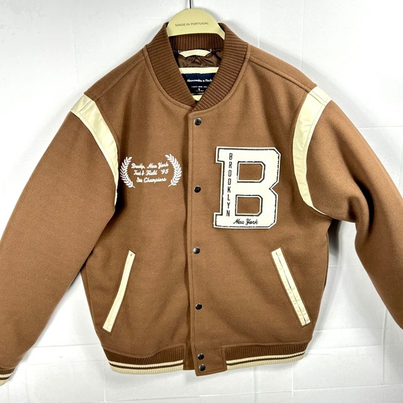 Abercrombie Fitch Size S Varsity Jacket Brooklyn New York Track 1995 Brown Beige - Picture 9 of 12